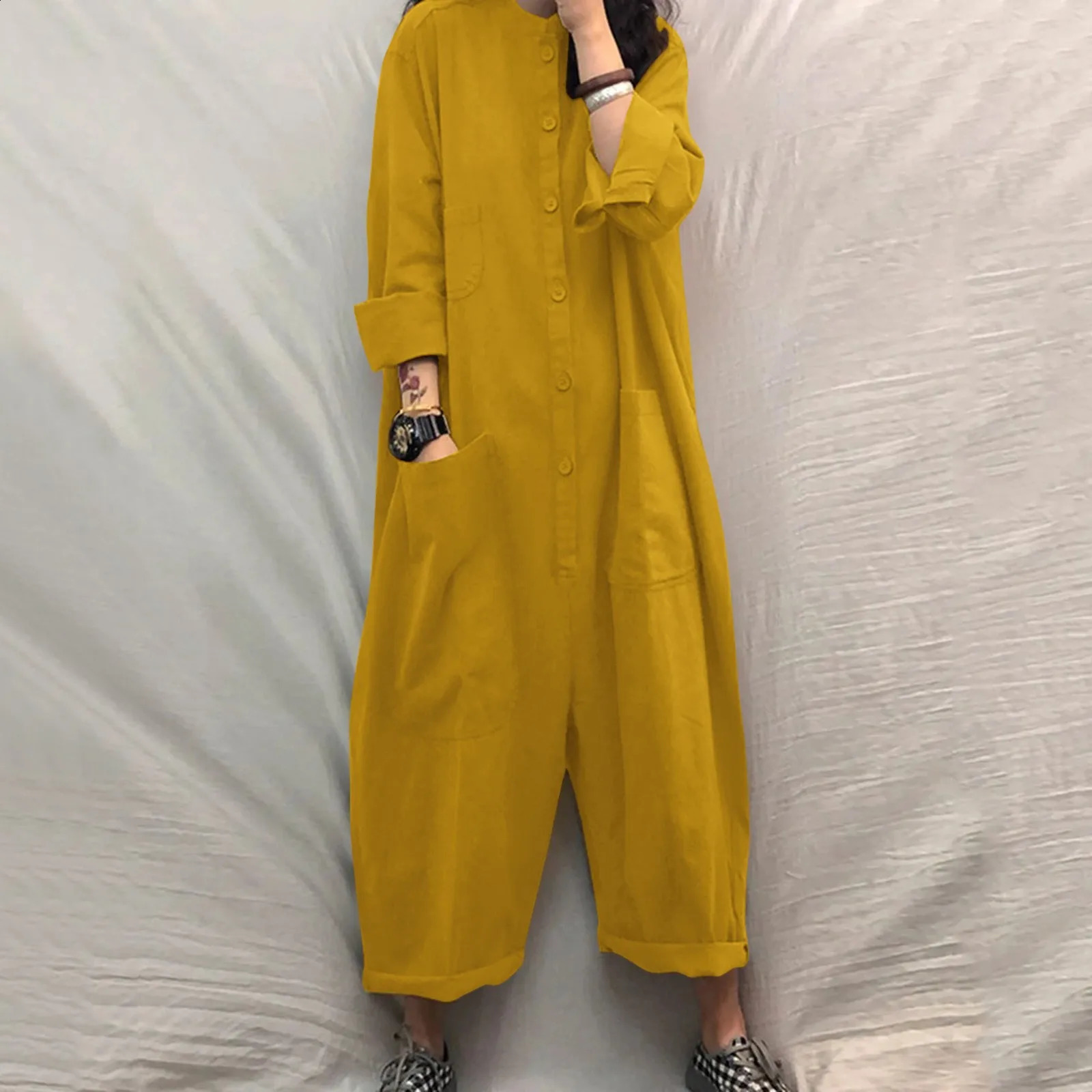 Womens jumpsuit oversized womens casual solid standing collar loose pocket autumn retro wide leg pants 250220