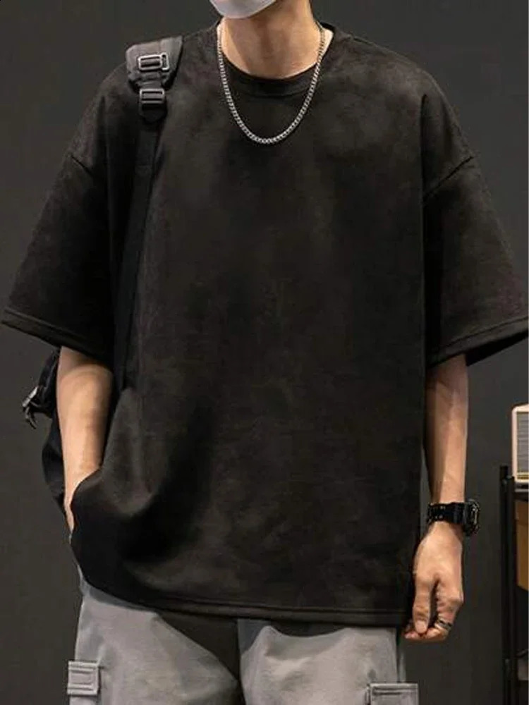 Suede Tshirt Fashion Hip Hop Streetwear Antiwrinkle Short Sleeve T Shirt Men Women Loose Harajuku Summer Casual Tee Top 250214
