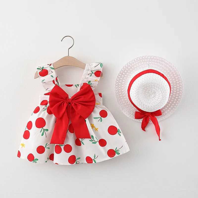 2Pcs/SetSummer girls dress childrens clothing new small suspender bow orange print vest skirt with hat as a gift X250220