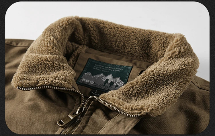Mens work jacket autumn and winter item solid color warm thick multi pocket outdoor travel lapel mens pure cotton dress 250212
