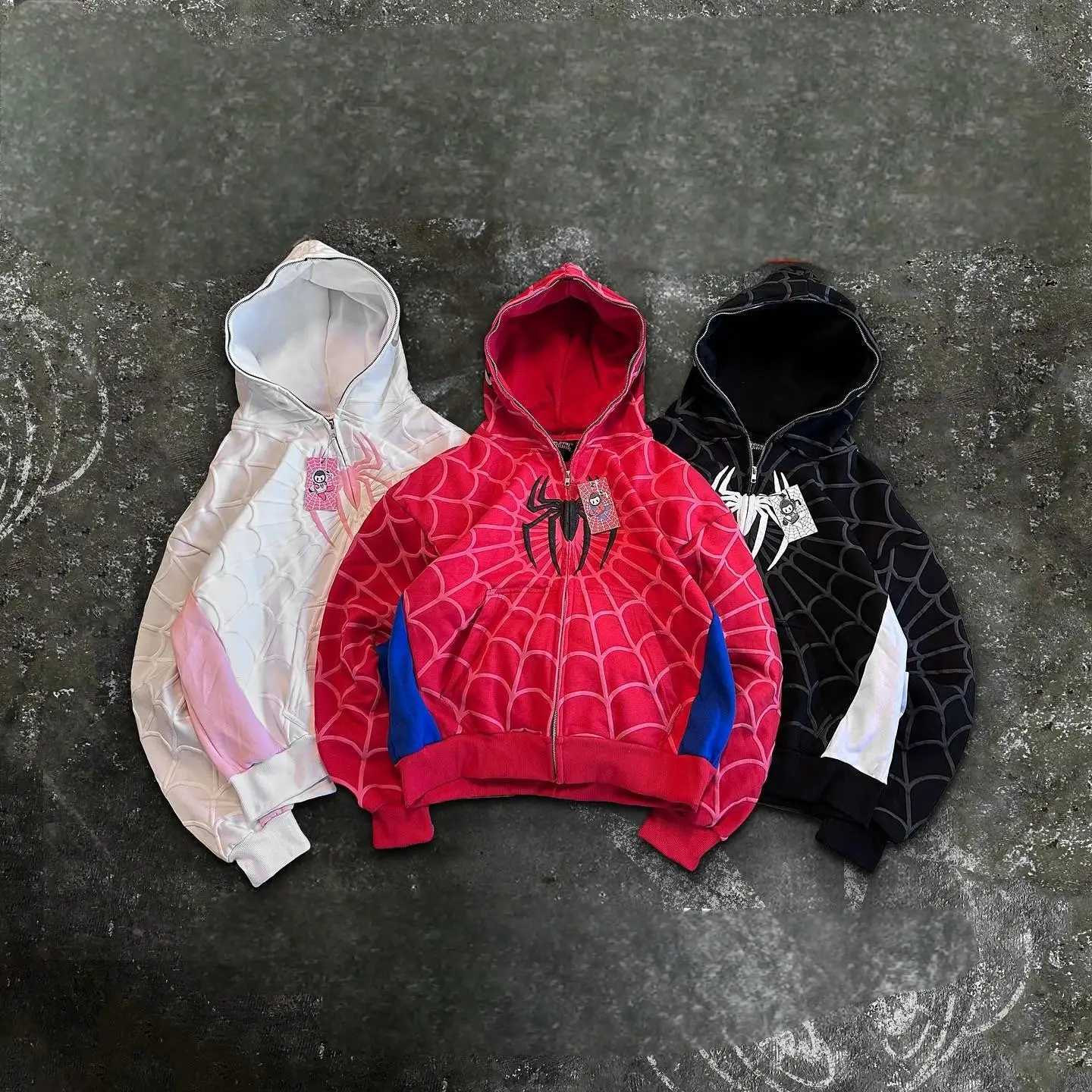 America Classics Gothic Red Spider Print Hooded Cardigan Full Zip Up Loose Men Women Hip Hop Hoodie Jacket Y2k Strt Sweatshirt X250220