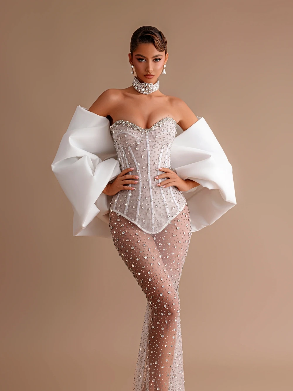 Fashion Evening Dresses For Women Sweetheart Neck Gown Sequins Crystal Wrap See Through Customized Dress