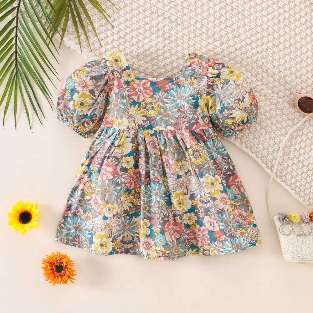 Summer dress for baby girls with floral bubble sleeves and cross ribbed princess dress X250220