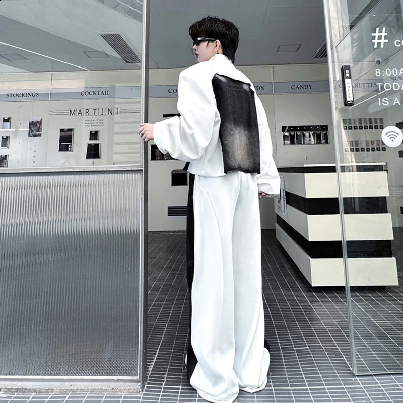 PFNW Contrast Color Mens Set Spring Stand Collar Spliced Denim Jacket Casual Pants Male Streetwear 28W5253 250220