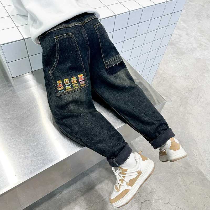 Retro Blue Child Warm Thermal Jeans For Boys Winter Insulate Desnim Pants Teenage Kids Casual Fleece Thermal Trousers Z250220
