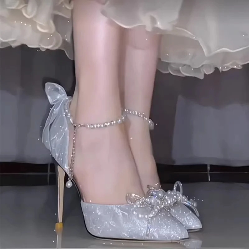 Bridal Wedding Pumps Shoes Women Pumps Crystal Bowknot Satin Sandals 2023 Summer Transparent Shoes High Heels Party Prom Shoes 250218