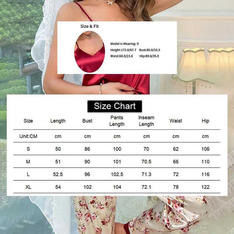 Womens Spwear Luxurious Floral Print Satin Pajama Set Sexy V-Neck Backless Cami Top Elastic Waist Long Pants Pyjama FemmeXJ250220