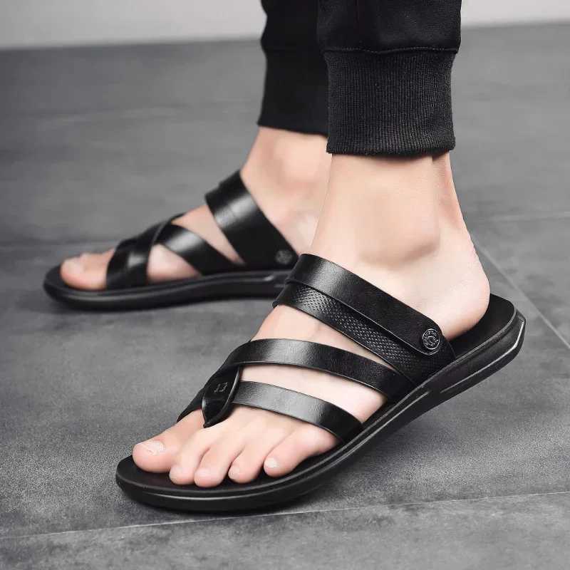 New Arrival Outdoor Beach shoes men Flip Flops fashion breathable Summer Light genuine leather Casual Shoes Slides Black Sandal men T250220