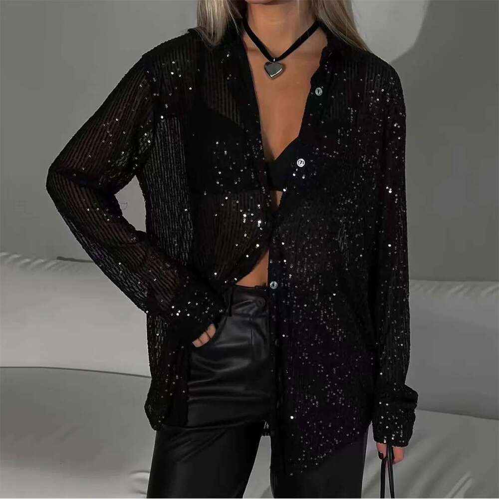 Fashion Solid Shiny For Women Chic Female Turn Down Collar Long Sleeves Shirt Elegant Single Breasted Ladies Loose Blouse