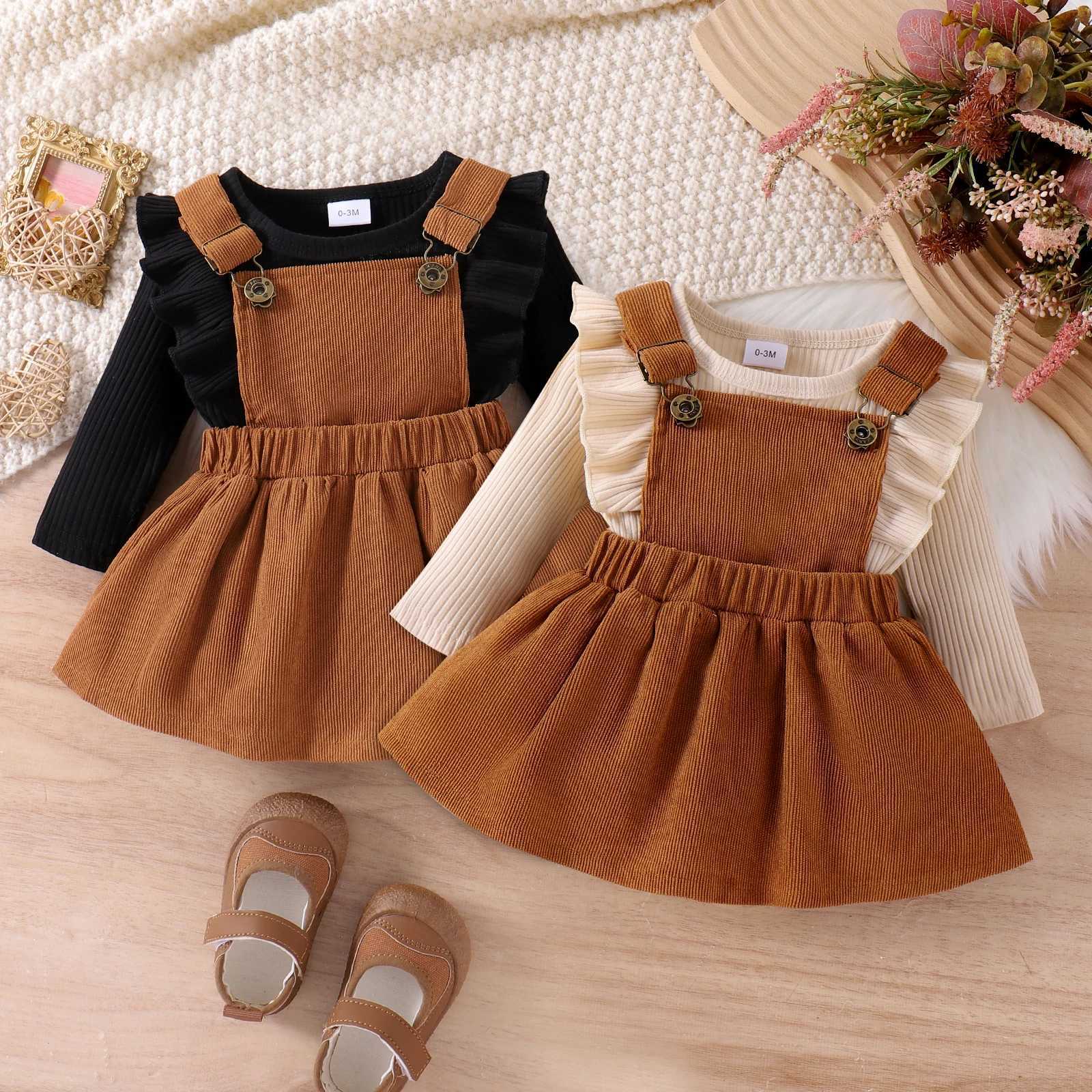2PCS Autumn New Style For 0-1 Year Old Girls Comfortable Simple And Fashionable Long-Sleeved Suit + Coffee Strap Skirt X250220