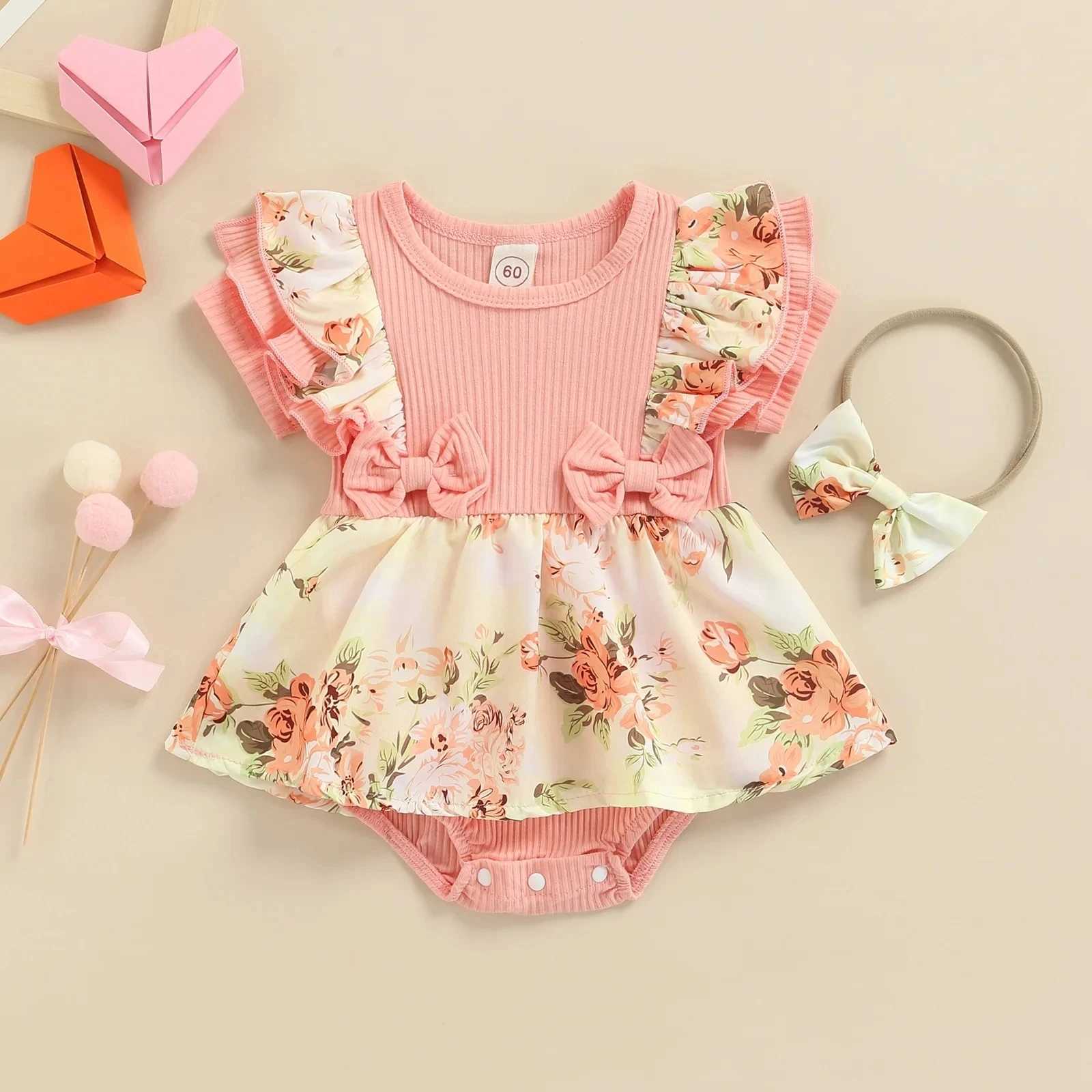 Summer Infant Baby Girls Dress Flying Sleeve Bodysuit + Bow Headband Flower Pattern Ruffle Sweet Style Clothing X250220