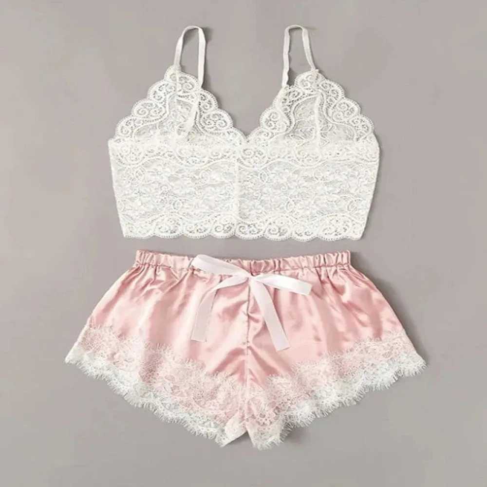 Sexy Lace Silk Spwear Two Piece Set of Suspender Shorts for Women Pajamas Set Lingerie Crop Tops Shorts NightwearXJ250220