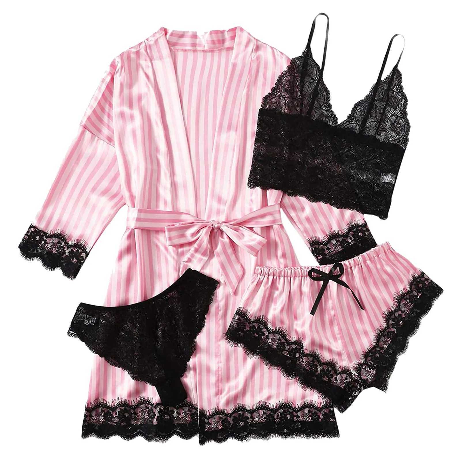 2023 Women Pajamas Sets Satin Spwear Silk 4 Pieces Nightwear Pyjama Strap Lace Sp Lounge Pajama with Chest Pads GiftsXJ250220