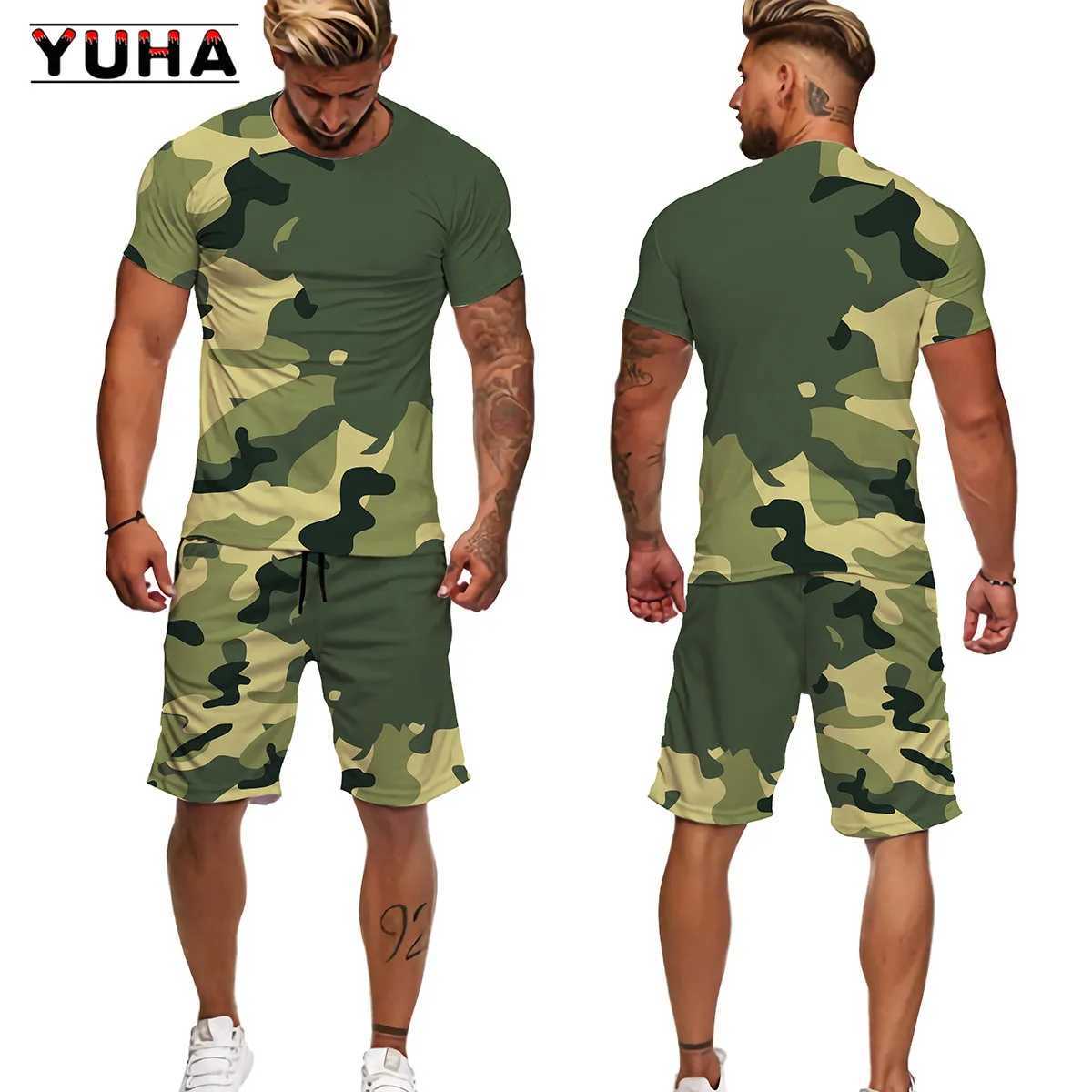 YUHA 2022 Summer Camouflage Tees/Shorts/Suits Mens T Shirt Shorts Tracksuit Sport Style Outdoor Camping Hunting Casual Mens Clo W250221