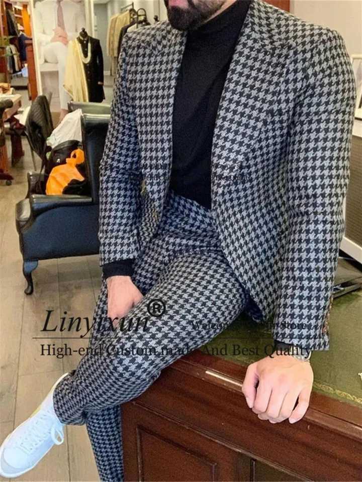 2 Piece Houndstooth Mens Suit Casual Business Slim Fit Blazer Male Winter Prom Groom Wear Tuxedo Set Terno Masculino Jacket+Pant X250220