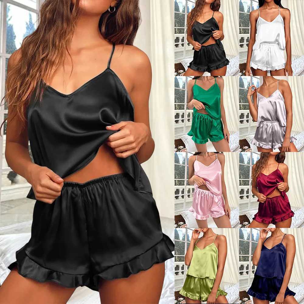 Cross border Womens New Style Pajamas Set Sexy V-neck Suspender Vest+Shorts Silation Silk Two-piece Comfortable Homewear SuitXJ250220