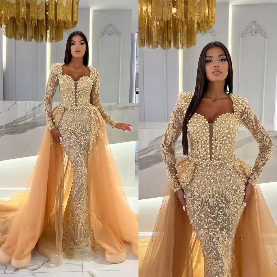Champagne Mermaid Prom Dresses 2025 Customized Pearl Beaded Appliques Detachable Train Slim Fit Long Sleeve Bridal Gowns