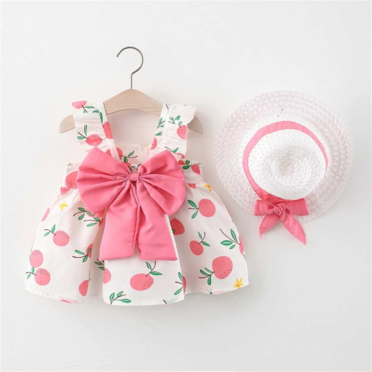 2Pcs/SetSummer girls dress childrens clothing new small suspender bow orange print vest skirt with hat as a gift X250220