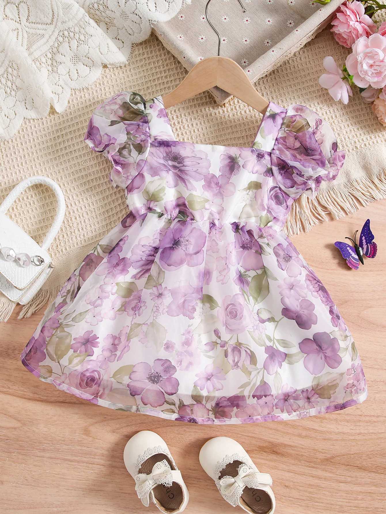 1-3Y Baby Girl Fashion Bubble Sleeve Romantic Rose Chiffon Short Sleeve Princess Dress Summer Daily Party Clothing X250220