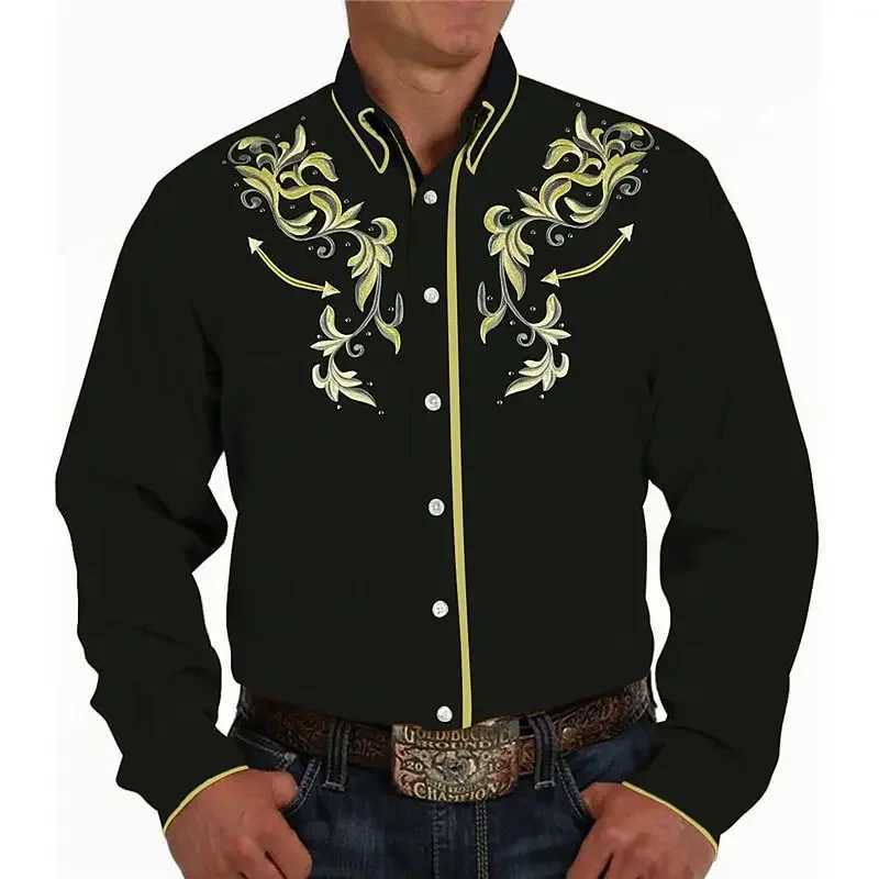 Mens shirt Western Denim pattern leaf cuffs Outdoor street long sleeve shirt button design fashion casual top W250220