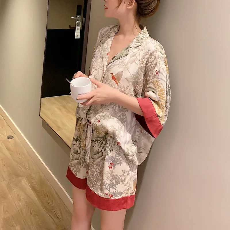Summer Women Pajama Set Short Sve Pajamas for Woman Stain Silk Fashion Luxury Pijamas Flowers Bird Print Lapel SpwearXJ250220