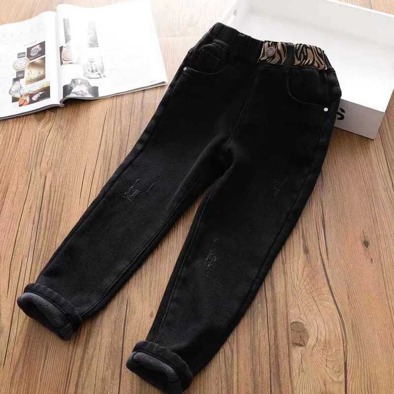 Girls Plush Jeans For Autumn And Winter Childrens Thickened One Piece Elastic Slim Fit And Warm Casual Pants For Small Feet Z250220
