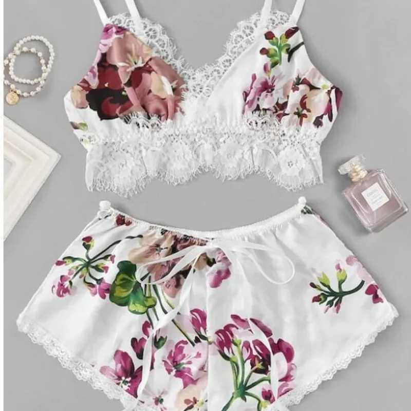 2Pcs/set fancy ladies lingerie erotic plus size suspenders shorts dent sveless short-sved pajamas set womens clothingXJ250220