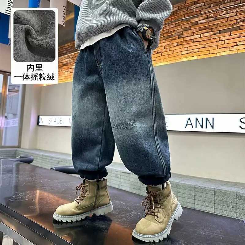 Boys Pants Winter Warm Fleece Velvet Denim Pants Jeans Winter Warm Elastic High Waist Kids New Children Jeans Z250220
