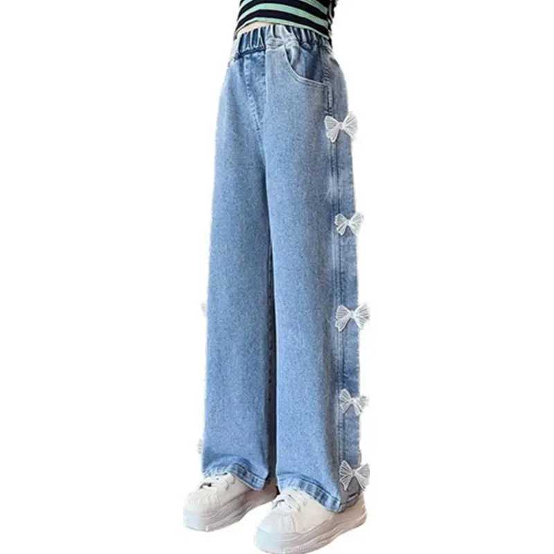 Jeans for Girls Fashion Clothes for Teenagers Solid Loose Kids Wide Leg Pants with Butterfly Children Trousers Girl Clothing 14Y Z250220