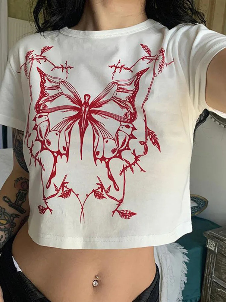 Vintage Fairy Grunge Short Sleeve ONeck Fitted Crop Top Punk Harajuku Egirl Tee American Y2K 90 Tshirt 250214