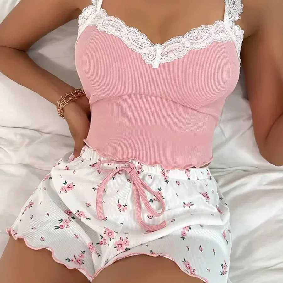 Women 2psc Pajama Set Pink Lace Patchwork V-Neck Spwear Sexy Nighties Suit Cami Top Printed Shorts Soft Pyjamas LoungewearXJ250220