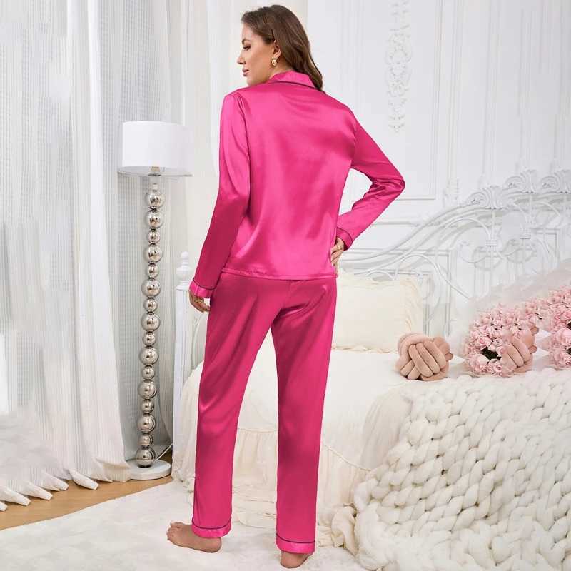 Autumn Satin Pajama for Women Heart-shaped Embroidery Spwear Loungewear Long Sve Top Pants Home Clothes Pyjama 2 PieceXJ250220