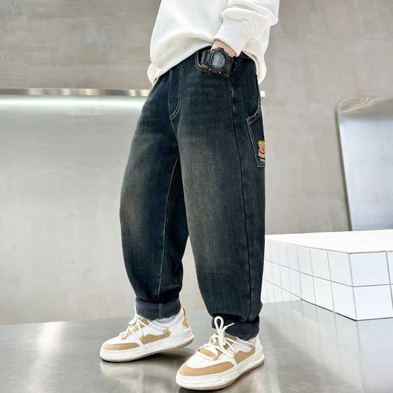 Retro Blue Child Warm Thermal Jeans For Boys Winter Insulate Desnim Pants Teenage Kids Casual Fleece Thermal Trousers Z250220