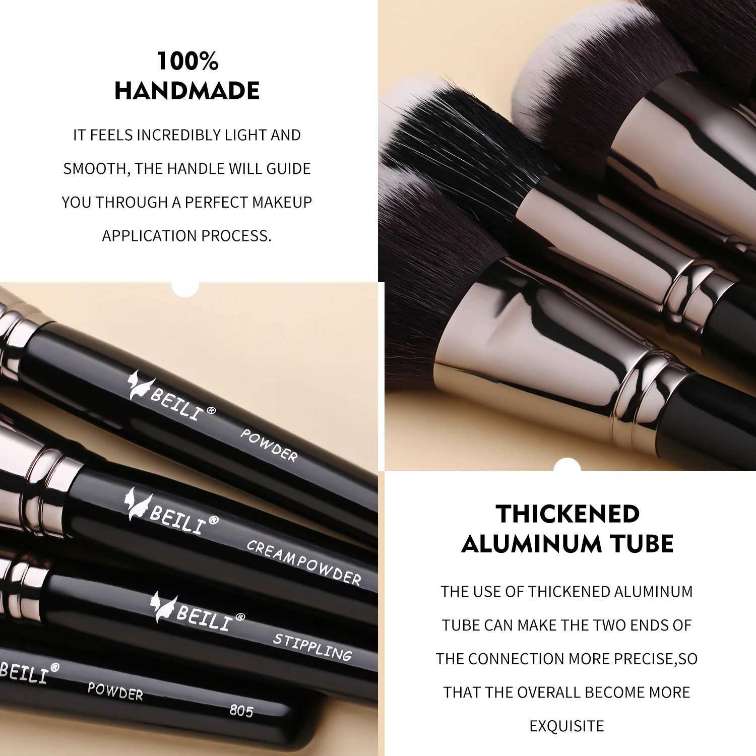 BEILI Luxury Black Professional Makeup Brush Set Big Powder Makeup Brushes Foundation Natural Blending Makeup Brushes W250221