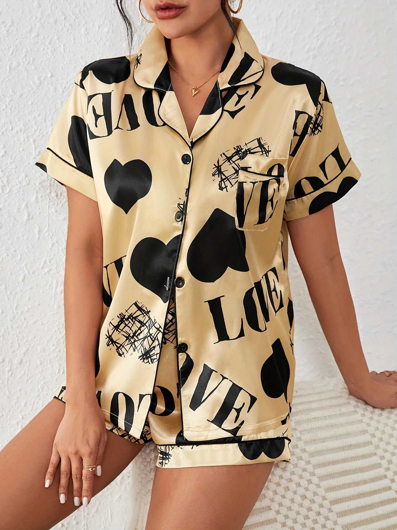 Heart Letter Print Satin Pajama Set Casual Short Sve Buttons Lapel Top Elastic Shorts Womens SpwearXJ250220