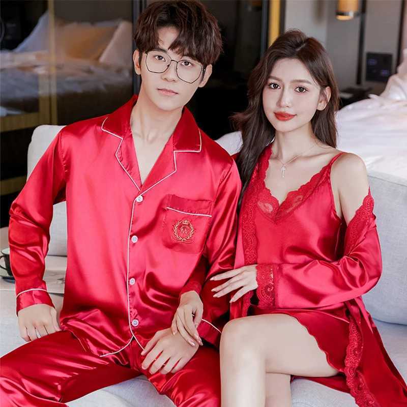 Couple Lounge Sp Wear Silk Pajamas Set Women Lace Sling Nightdress With Robes Bride Wedding Spwear Mens Nightie Set PajamaXJ250220
