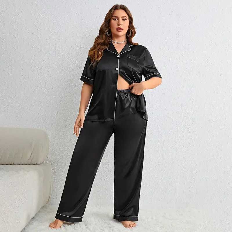 Plus Size Silk Satin Women Pajama Sets Solid Short Sves Top Long Pants 2 Pieces Spwear Notched Collar Button NightwearXJ250220