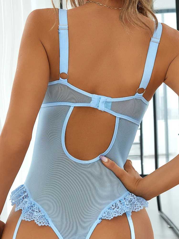 Sexy Garter Lingerie Babydoll Underwear For Sex Bodysuit Erotic Hollow Chest Lace Transparent Backless Apparel Exposed UniformXJ250220
