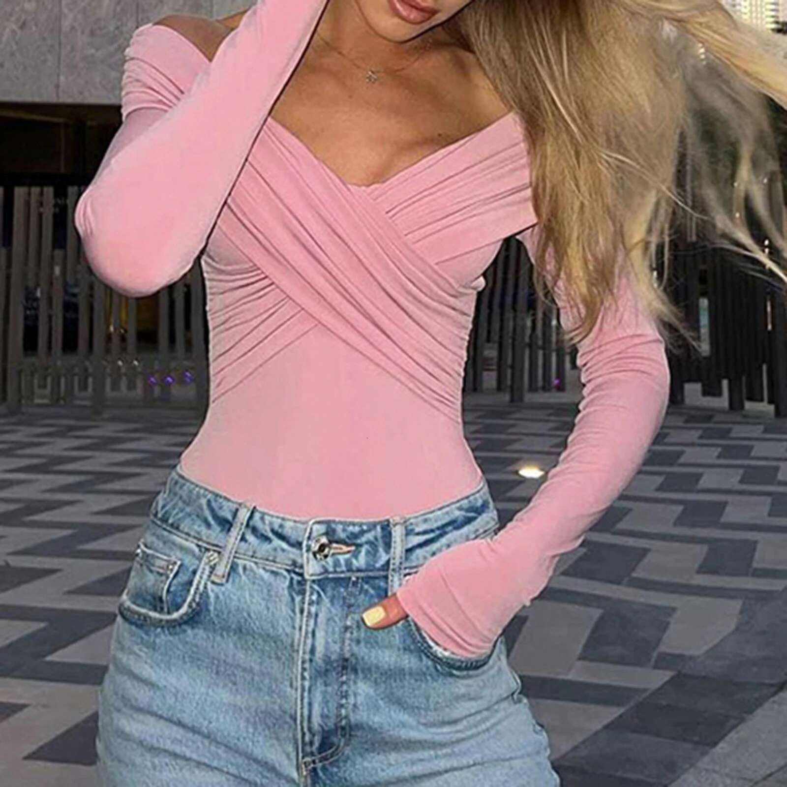 Women Off Shoulder Short Shirts Fashion Front Cross Long Sleeve Slim Fit Tops Ladies Clothing Clubwear Female Streetwear