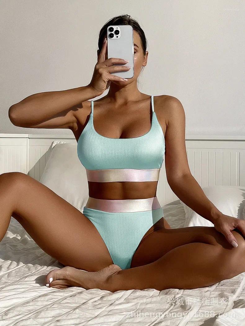 Womens Swimwear Shiny Pink Contrast Bikini Set Women Halter Push Up Patchwork High Waist Swimsuit 2025 Designer Bathing Suit Two Piece