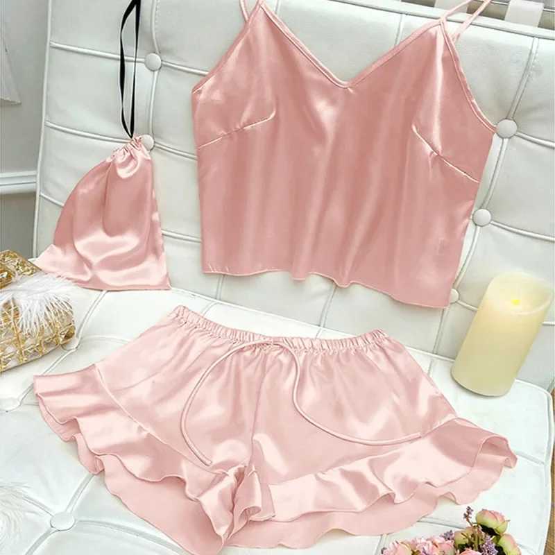 Fashion Sexy Underwear Set Womens 2 Pieces Spwear Pyjamas Silk Satin Bellyband Cami Top and Shorts Pajamas for Women PijamasXJ250220