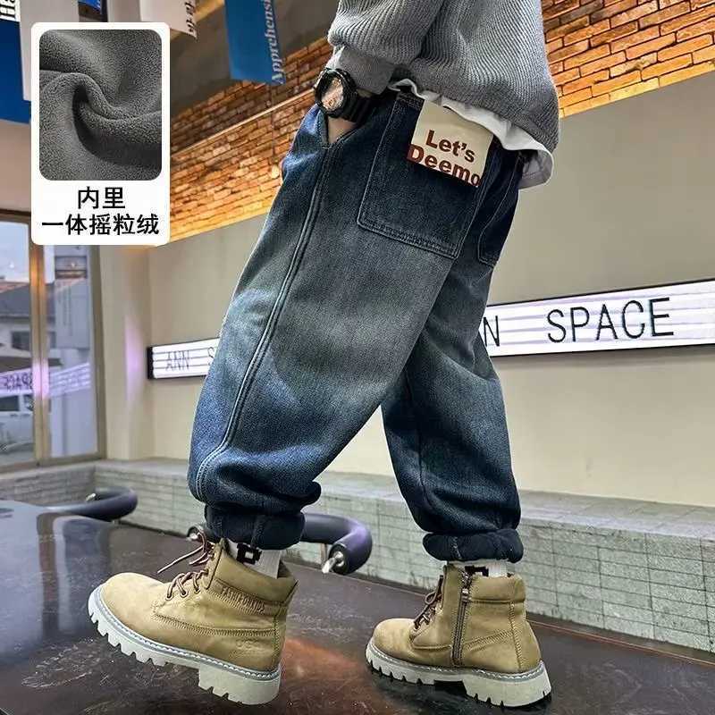 Boys Pants Winter Warm Fleece Velvet Denim Pants Jeans Winter Warm Elastic High Waist Kids New Children Jeans Z250220