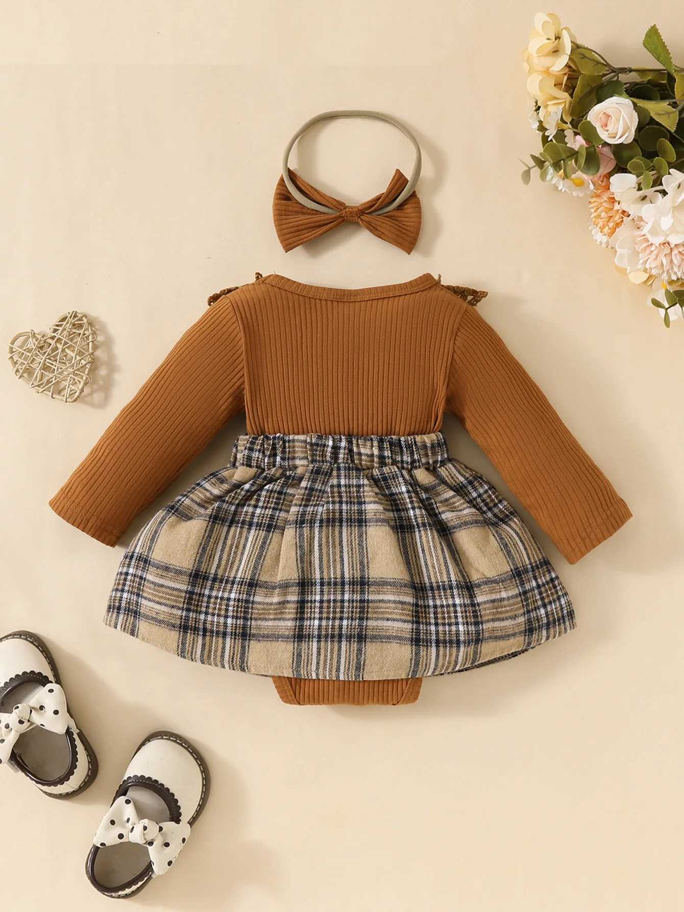 Baby Gilrs long sleeved autumn/winter plaid jumpsuit with bow suitable for newborns -18M vacation suit+headband X250220