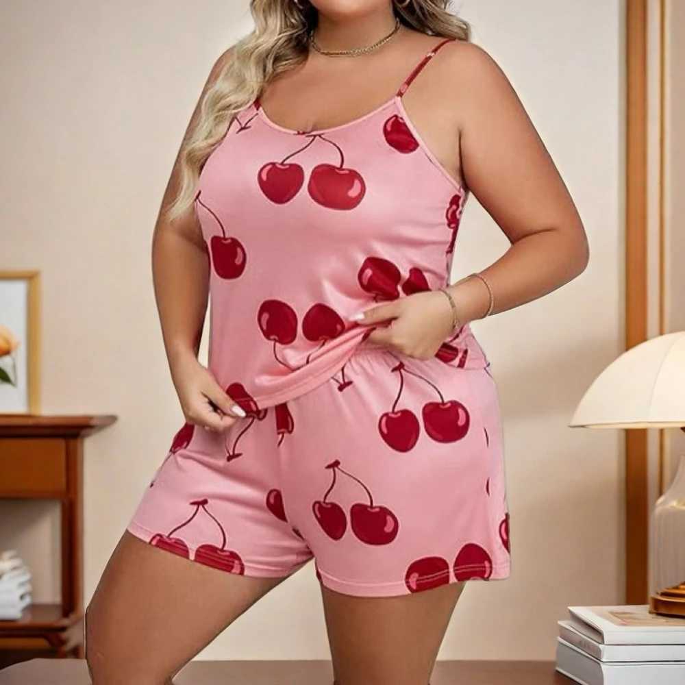 Cherry Print Plus Size Womens Pajamas Set Sveless Top Shorts Summer Nightwear Lounger Homewear 2 Pieces Fe SpwearXJ250220