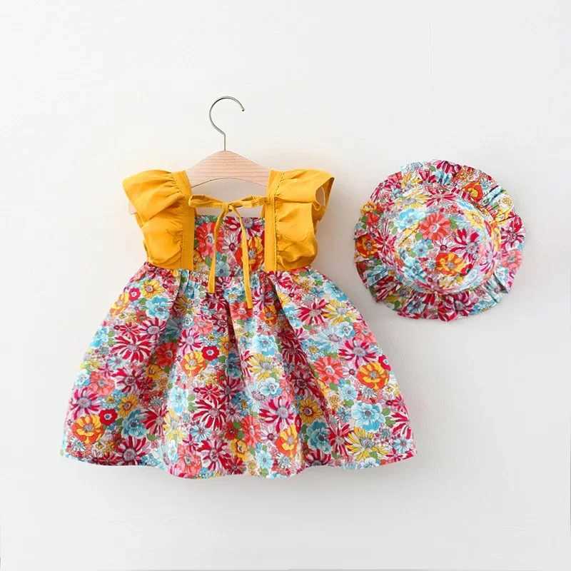Summer New Girl Baby Strap Dress Fragmented Flower Childrens Sleeveless Princess Dress 0-3 Year Old Newborn Comes with Hat X250220