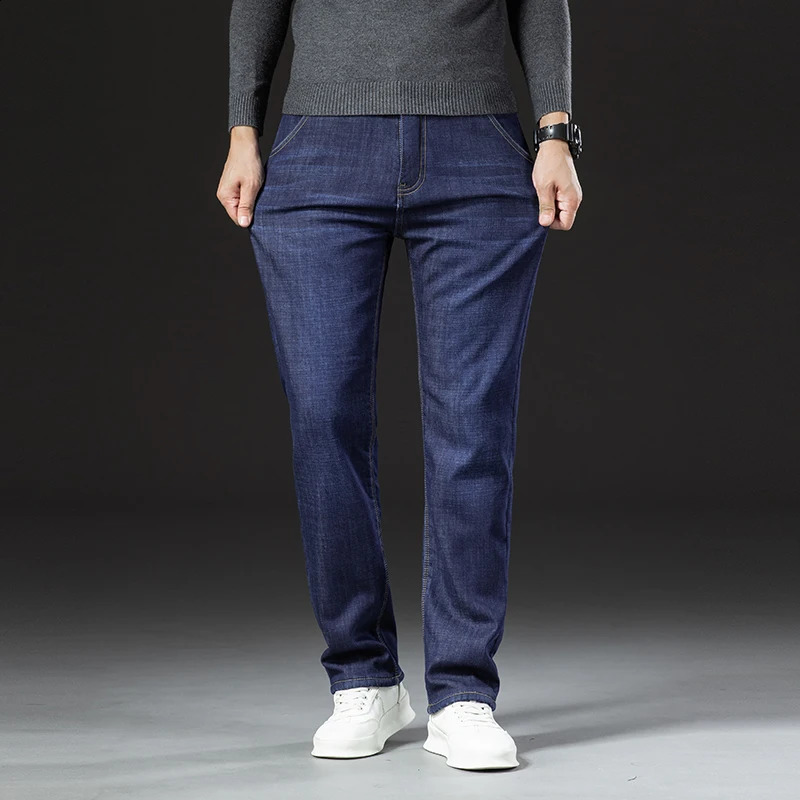 Winter Lamb Fluff Denim Straight Pants Men Thicken Big Size 40 Jeans High Waist Stretch Jeansy Fleece Lined Warm Slim Vaqueros 250214