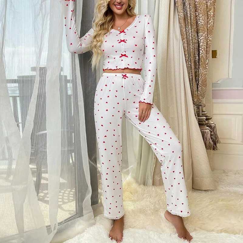 Ele White Ribbed Print Pants Sets Pajamas Women Knitted V-Neck Loose Tops Autumn Elastic Long Pants Spwears VintageXJ250220