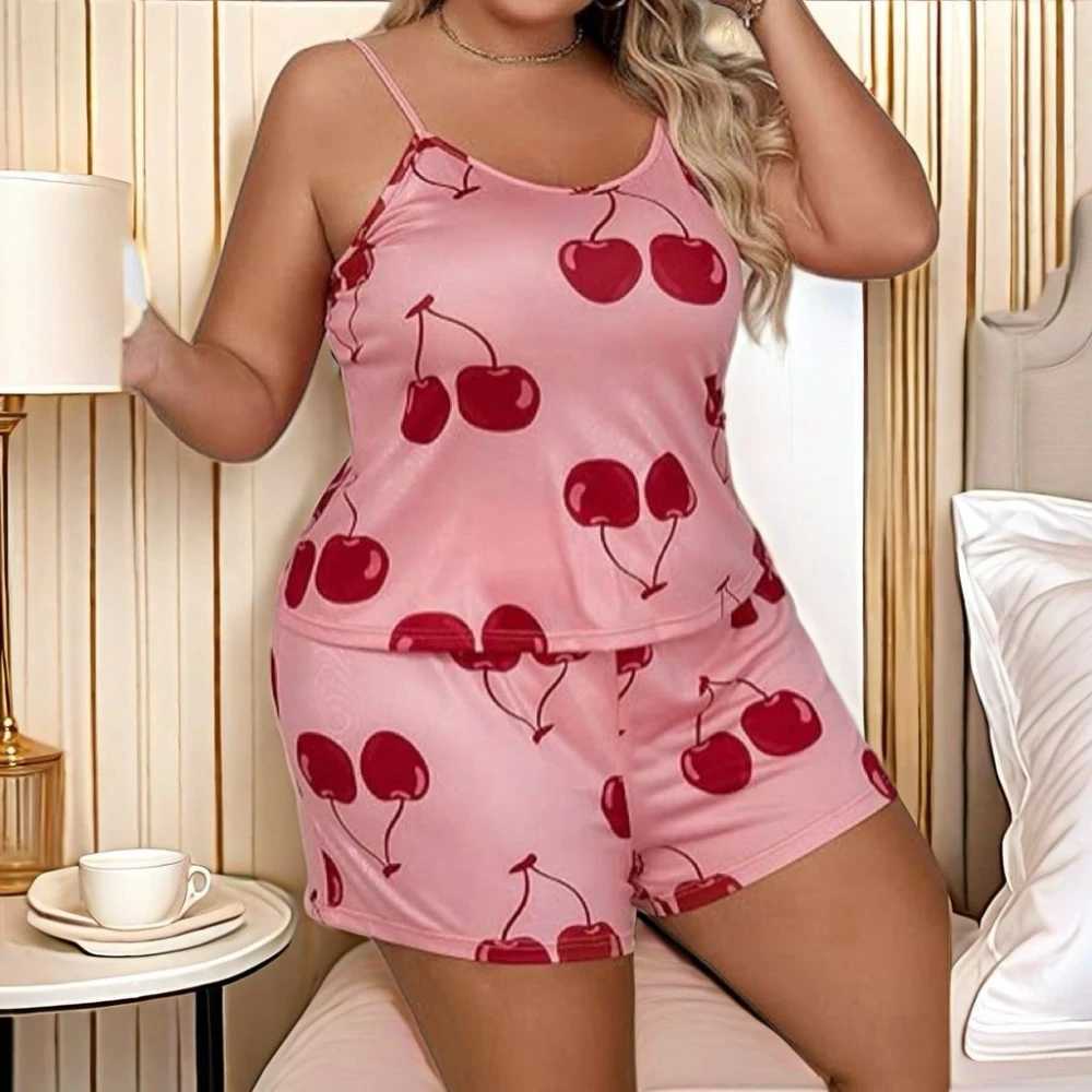 Cherry Print Plus Size Womens Pajamas Set Sveless Top Shorts Summer Nightwear Lounger Homewear 2 Pieces Fe SpwearXJ250220