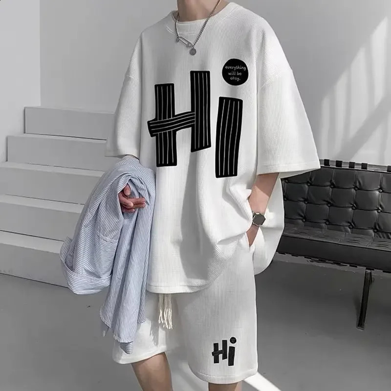 Casual Mens Summer T-Shirt Shorts Two-Piece Set Loose Fit Hong Kong Style Printed Plus Size Sportswear 250220