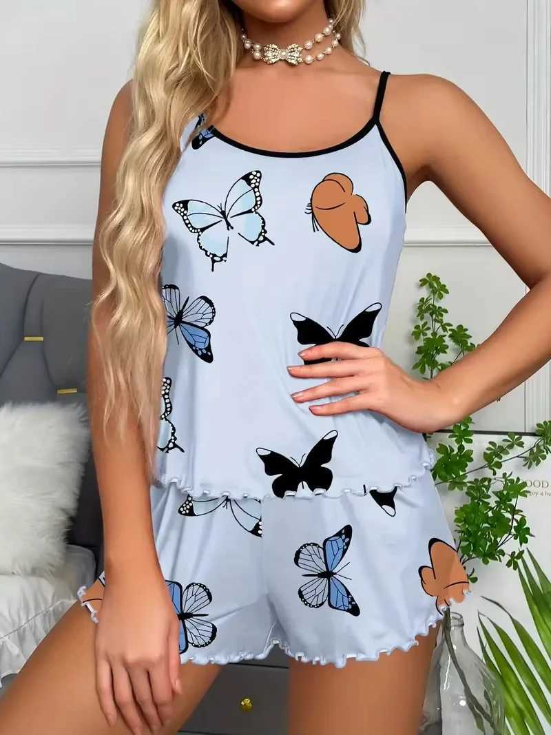 Butterfly Print Pajama Set Lettuce Trim Cami Top Elastic Waistband Shorts Women Spwear LoungewearXJ250220